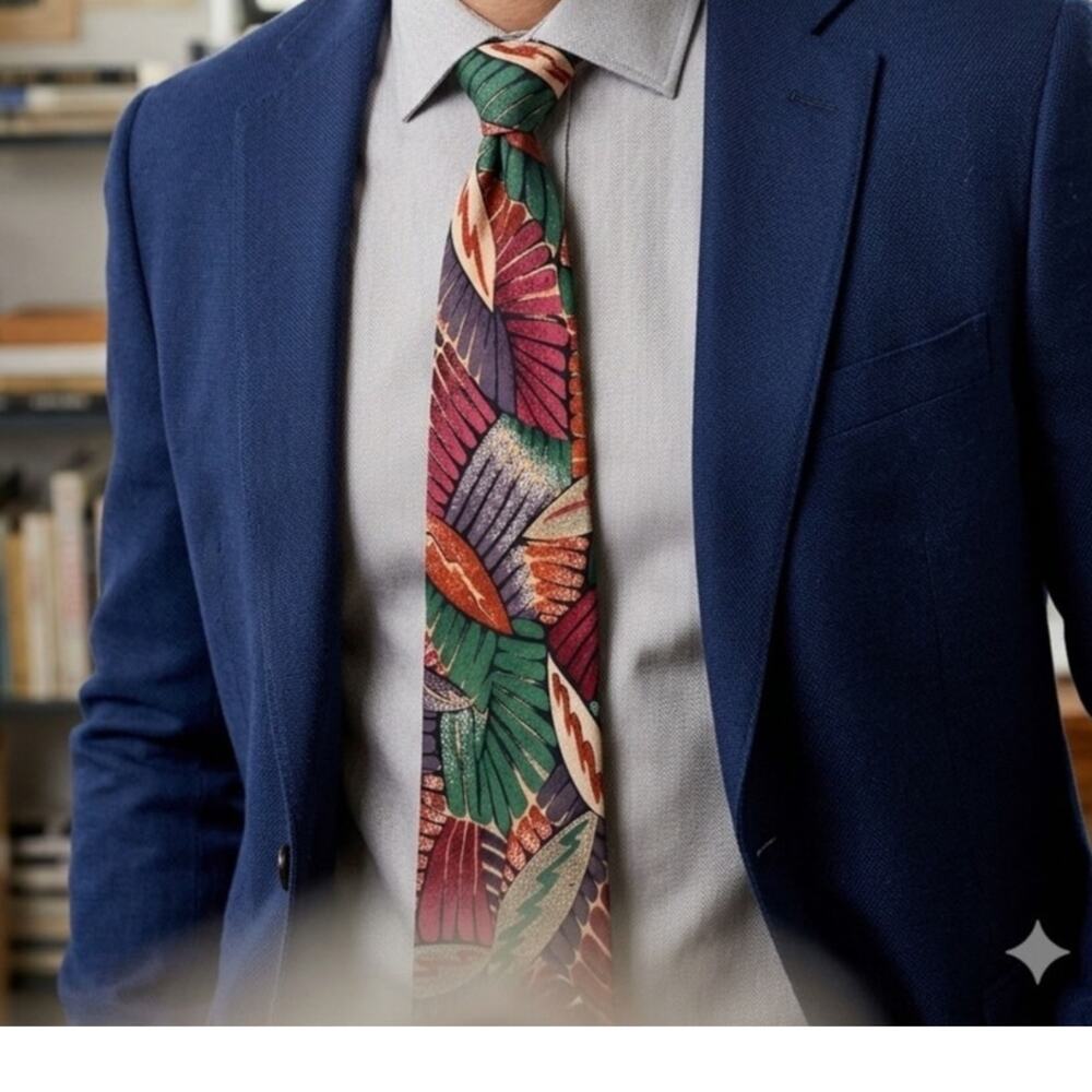 VTG Metropolis Silk Tie Abstract Geometric Art Deco 90s Colorful Handmade